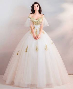 White Tulle Lace Ball Gown Long Prom Evening Dress