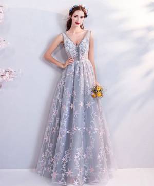 Gray Lace V-neck Long Prom Evening Dress