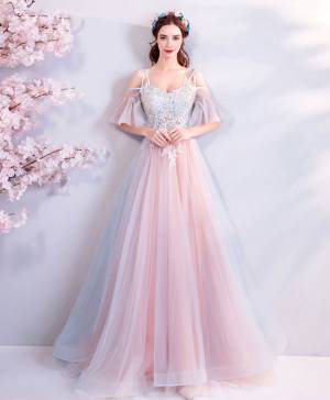 Pink Tulle Lace Sweetheart With Applique Long Prom Evening Dress