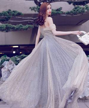 Gray Tulle With Sequin Unique Long Prom Evening Dress