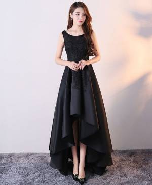 Black Satin Lace Round Neck High Low Prom Homecoming Dress