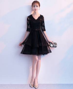 Black Lace Tulle V-neck Short/Mini Prom Homecoming Dress