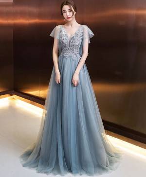 Tulle Lace V-neck Stylish Long Prom Evening Dress