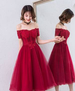 Burgundy Off-the-shoulder Short/Mini Cute Prom Evening Dress