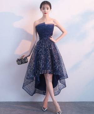 Dark/Blue Tulle With Sequin High Low Prom Evening Dress