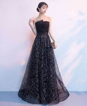 Black Tulle With Sequin Long Prom Evening Dress
