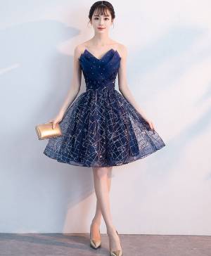 Dark/Blue Tulle V-neck With Sequin Short/Mini Prom Homecoming Dress