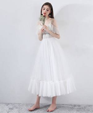 White Tulle Tea-length Prom Evening Dress