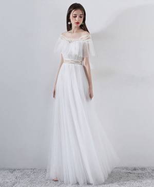 White Tulle A-line Long Prom Evening Dress