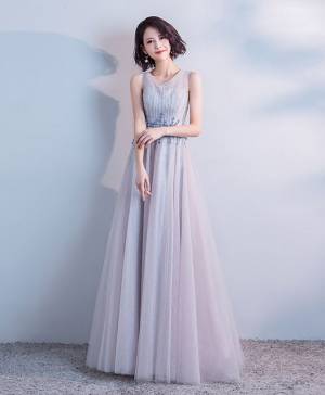 Gray Tulle Round Neck Long Prom Evening Dress