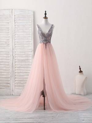 Pink Tulle V-neck With Beads Long Prom Evening Dress