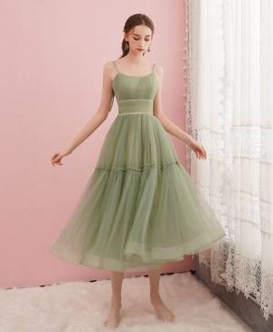 Cute Straps Tulle Tea Length Prom Homecoming Dress