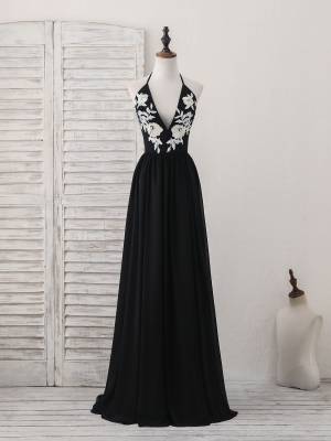 Black Chiffon Lace V-neck Long Prom Evening Dress
