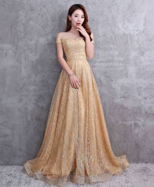 Champagne Tulle With Sequins Long Prom Evening Dress