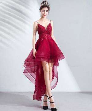 Burgundy Tulle Lace High Low Prom Homecoming Dress