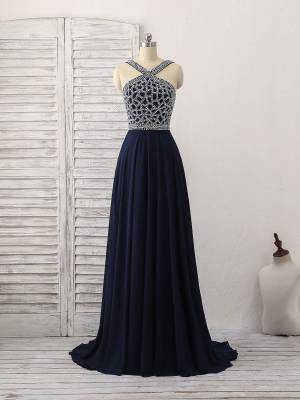 Dark/Blue Chiffon With Beads Long Prom Evening Dress
