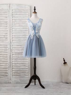 Blue Tulle Lace V-neck With Applique Short/Mini Cute Prom Homecoming Dress