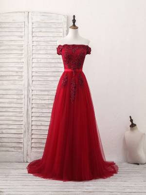 Burgundy Tulle Lace Off-the-shoulder With Applique Long Prom Evening Dress