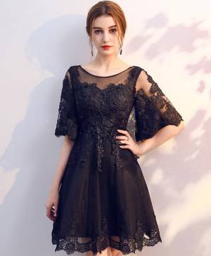 Black Tulle Lace Round Neck Short/Mini Prom Homecoming Dress