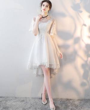 White Tulle Lace Round Neck Short/Mini Prom Homecoming Dress