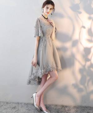 Gray Tulle Lace Short/Mini Cute Prom Homecoming Dress
