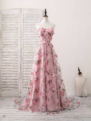 Pink Tulle Sweetheart With 3d Applique Long Prom Evening Dress