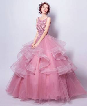 Pink Tulle Lace Round Neck Long Prom Sweet 16 Dress