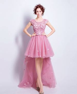 Pink Lace Tulle Long High Low Prom Evening Dress