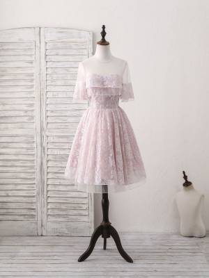 Pink Lace Tulle Round Neck Short/Mini Prom Homecoming Dress