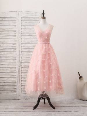 Pink Tulle Lace Tea-length Prom Homecoming Dress
