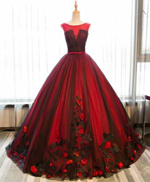 Burgundy Tulle Lace Round Neck With Applique Long Prom Evening Dress