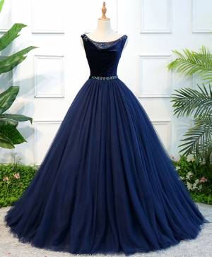 Dark/Blue Tulle Long Prom Evening Dress