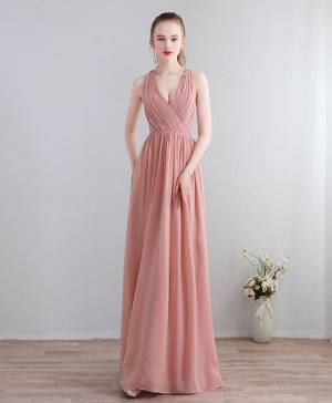 Pink Chiffon Lace Long Prom Evening Dress