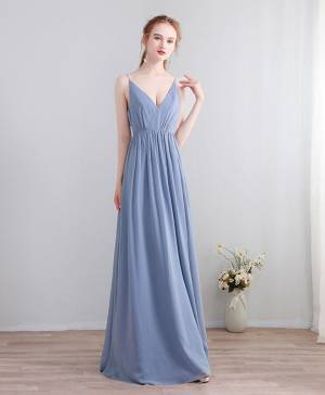 Blue Chiffon Lace V-neck Long Prom Evening Dress