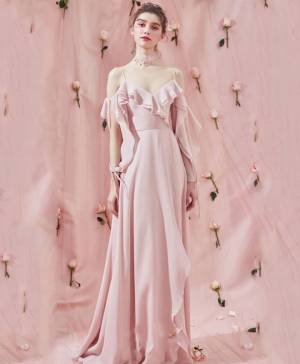 Pink Chiffon Simple Long Prom Evening Dress