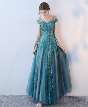 Tulle With Sequins Unique Long Prom Evening Dress