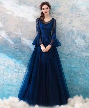 Blue Lace Tulle Round Neck Long Prom Evening Dress