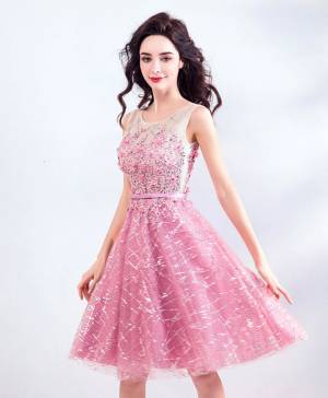 Pink Round Neck Short/Mini Prom Evening Dress