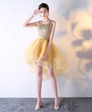 Gold Lace Tulle High Low Prom Homecoming Dress
