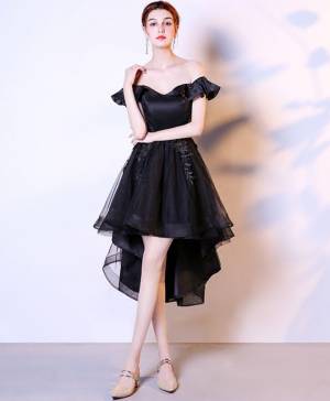 Black Lace Tulle High Low Prom Homecoming Dress