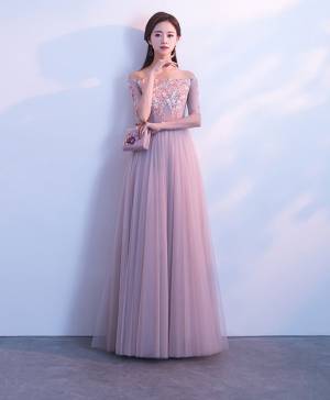 Pink Tulle Lace Long Prom Evening Dress