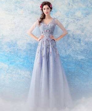 Purple Tulle Lace V-neck Long Prom Evening Dress