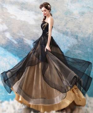 Black Tulle Sweetheart Long Prom Evening Dress