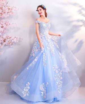 Blue Tulle Lace Off-the-shoulder With Applique Long Prom Evening Dress