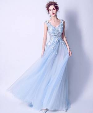 Blue Tulle Lace V-neck Long Prom Evening Dress