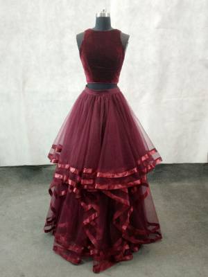 Burgundy Tulle Simple Two Pieces Long Prom Evening Dress