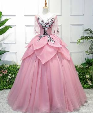 Pink Tulle Lace V-neck With Applique Long Prom Evening Dress