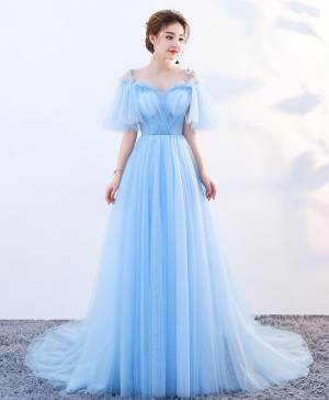 Sky Blue Tulle Stylish Long Prom Evening Dress