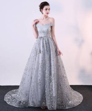 Gray Off-the-shoulder Long Prom Evening Dress