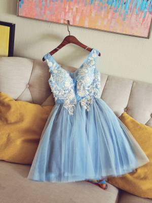 Blue Tulle Lace V-neck Short/Mini Cute Prom Homecoming Dress